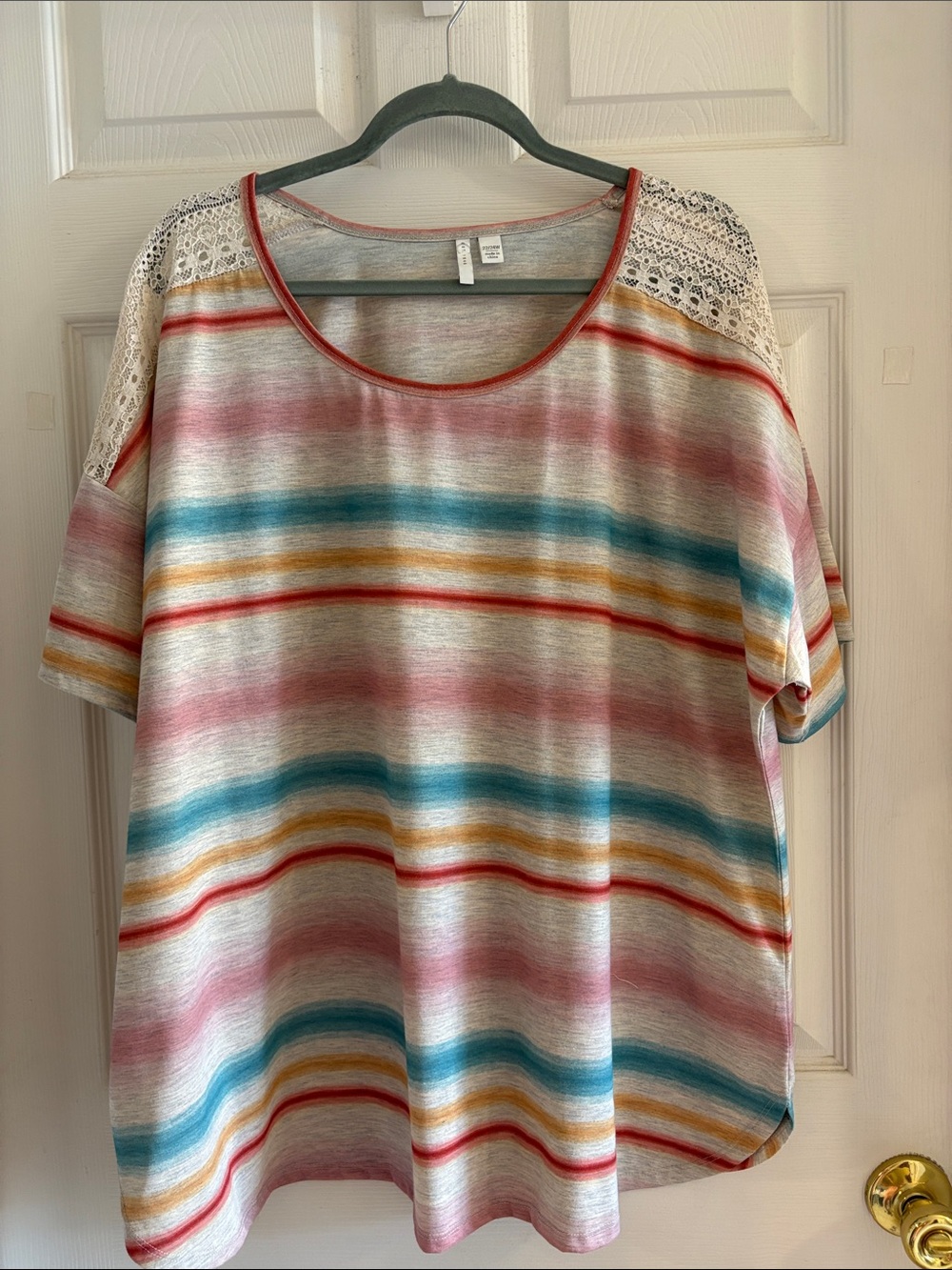 Women’s Striped Scoop Neck Top with Lace Shoulders - Multicolor